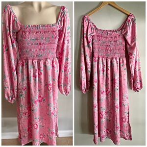 WAYF Smocked Pink Floral Polka Dot Babydoll Dress - Cottagecore Puff Sleeve Midi